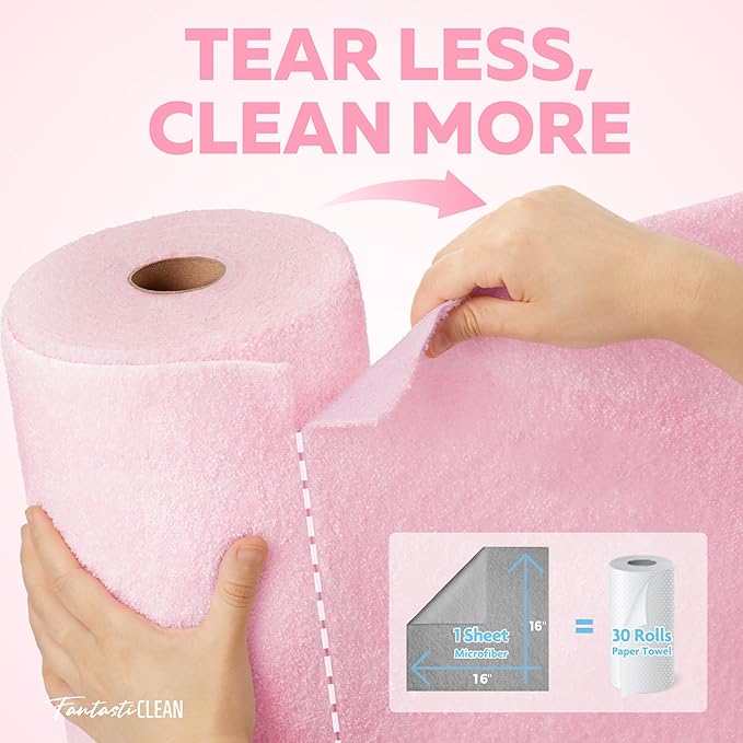 Fantasticlean XL Tear-Away Microfiber Cleaning Cloth Roll, 16'' by 16''- 36 Sheets, Thick & Large Detailing Towels, Ultra Absorbent, Lint-Free Reusable Wipes for Home, Car or Outdoor (Glossy Pink)