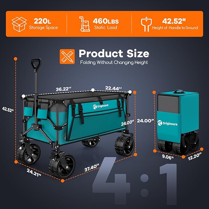 220L Collapsible Wagon Cart Foldable, 460lbs Load Capacity Heavy Duty Folding Beach Wagons with Big All-Terrain Wheels, Utility Carts for Groceries, Camping, Sports - Grey&Turquoise