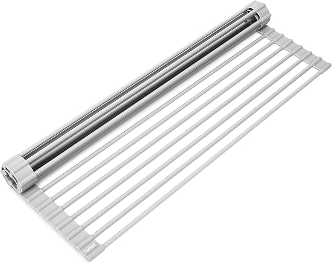 Surpahs Over Sink Foldable Multipurpose Roll-Up Dish Drying Rack, Silicone Wrapped Stainless Steel, Warm Gray, 20.5" x 13.1"
