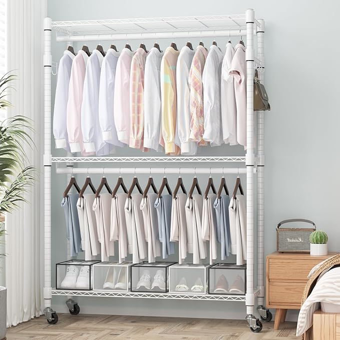 Homdox 3 Tier Heavy Duty Garment Rack with Wheels, Adjustable Wire Clothes Rack with Double Hanging Rods, Portable Closets for Hanging Clothes with Side Hooks, White