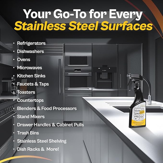 Flitz Stainless Steel & Chrome Clean - 16oz Bottle, USA-Made Stainless Steel Cleaner Spray for Appliances - Grill, Fridge, Sink Stain Remover - Also Works on Aluminum Surfaces (3 Pack)