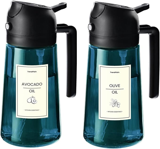 TrendPlain 16oz/470ml Blue Glass Olive Oil Sprayer for Cooking - 2 in 1 Olive Oil Dispenser for Kitchen Gadgets, Air Fryer, Salad, and BBQ - 2 Black