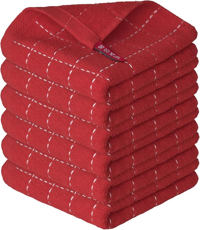 Artoid Mode Checkered Designed Cotton Red Terry Kitchen Dish Cloths, 12x12 Inch Soft Absorbent Quick Drying Cleaning Kitchen Rags Set of 6
