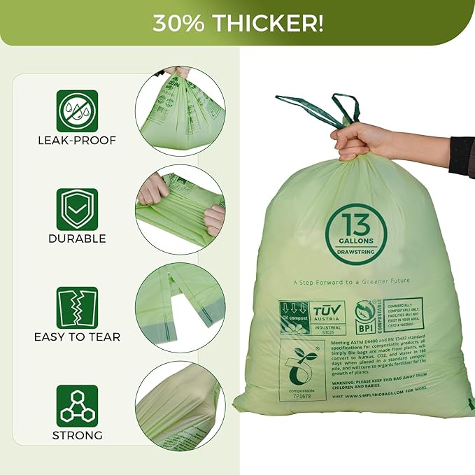 13 Gallon Compostable Trash Bags with Drawstring, Heavy Duty Extra Thick 1 Mil, 49.21 Liter, 30 Bags, Tall Kitchen Food Scrap Waste Bag, ASTM D6400, US BPI and OK Compost Home Certified