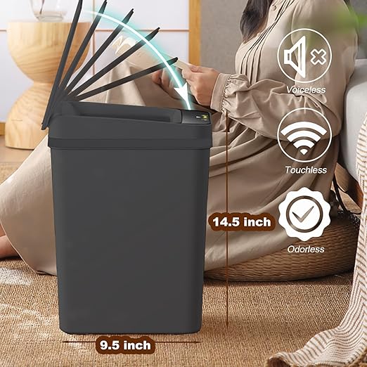 Yatmung 4 Gallons Bathroom Trash Can Automatic Touchless - 15.5 Liters Smart Trash Can Motion Sensor - Narrow, Plastic - Slim Electric Trash Bin - Skinny Garbage Can with Lid (Matte Black)