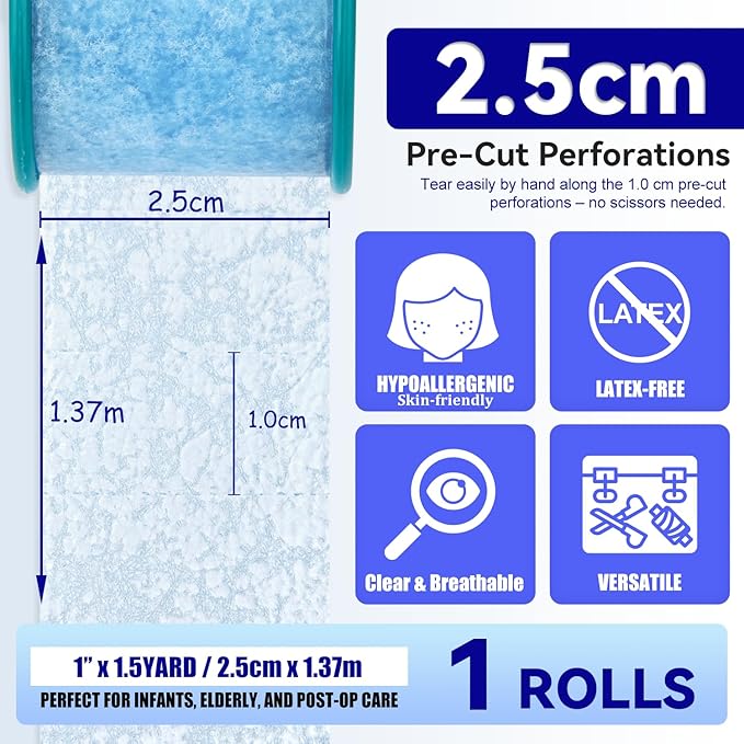 FRESINIDER Silicone Medical Tape – 1" x 1.5 Yard Blue 4 Rolls, Pre-Cut, Waterproof & Repositionable, Pain-Free Removal, Hypoallergenic Adhesive for Sensitive Skin, Wound Care & First Aid Use