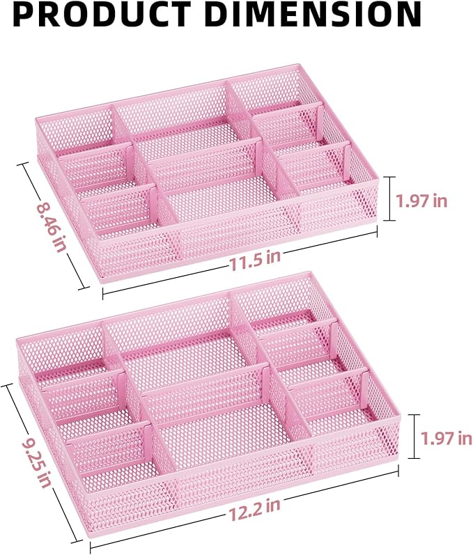 Marbrasse 2 Pack Desk Drawer Organizer, Mesh Drawer Organizer Tray with 8 Adjustable Compartments, Desk Organizers and Accessories, 5 Dividers Drawer for Office Supplies, Makeup & Vanity (Pink)