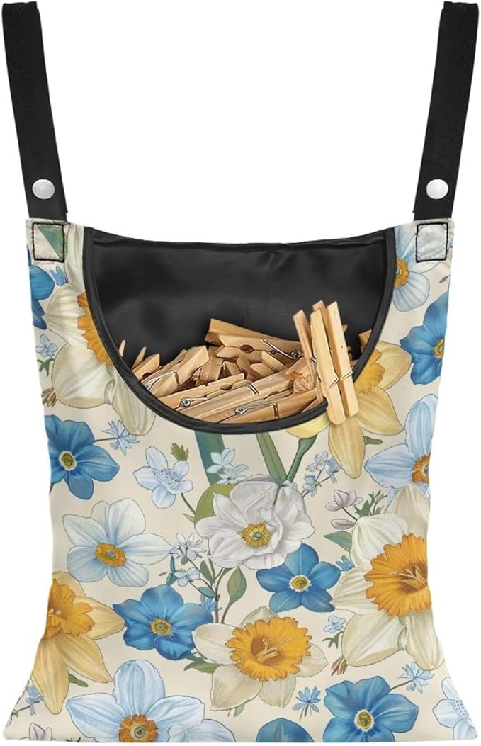 Floral Clothespin Bag with Hanging Rope Daffodil 14.5 x 12 Inch Summer Waterproof Laundry Clothes Pin Holder Clothespin Storage Organizer with Large Opening