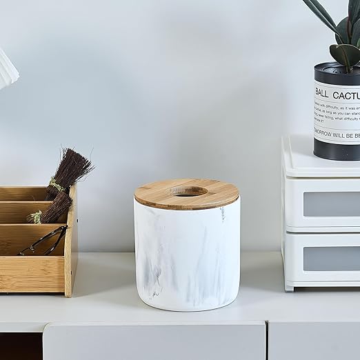 Polytree Marble White Mini Trash Can with Bamboo Lid,Small Countertop Trash Can,Desk Trash Can,Table top Mini Garbage Cans,Resin Tiny Waste Basket