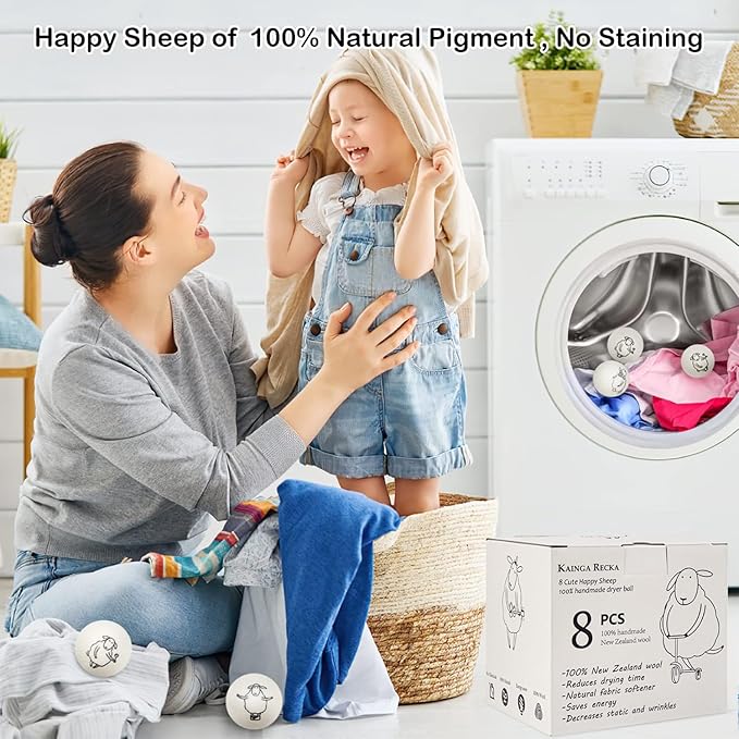 Wool Dryer Balls, 8PCS Dryer Balls with Happy Sheep - Natural & Organic, 100% New Zealand Wool Handmade, Chemical-Free Reusable Laundry Balls, Anti-Static Reduce Wrinkles and Save Time