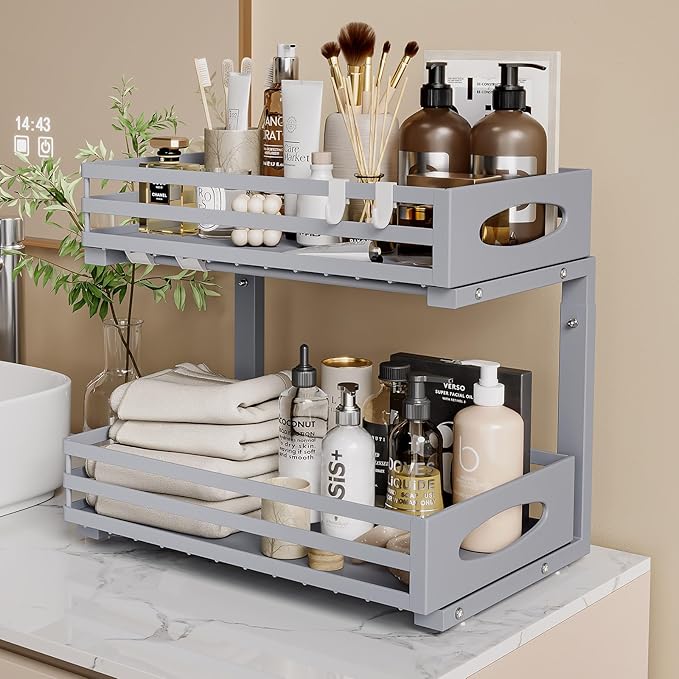 Under Sink Organizer, 2 Tier Under Sink Organizers and Storage, Adjustable Height, Slide Out Metal Cabinet Organizers, Pull Out Cabinet Storage Drawer Shelf for Kitchen Bathroom Gray, 1 Pack