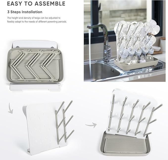 Termichy Baby Bottle Drying Rack: Large Vertical Bottle Dryer Rack Holder - Space Saving Standing Drying Rack for Baby Bottles and Pump Part Cleaning (Khaki)