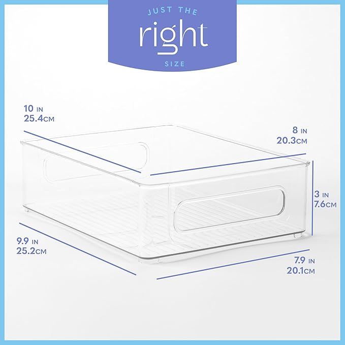Plastic Food Storage 8 Pack Clear Container Bin with Handles for Organizing Kitchen, Pantry, Refrigerator, Freezer, Pantry, Cabinet, Closet, Bathroom. Stackable 10”x8”x3”