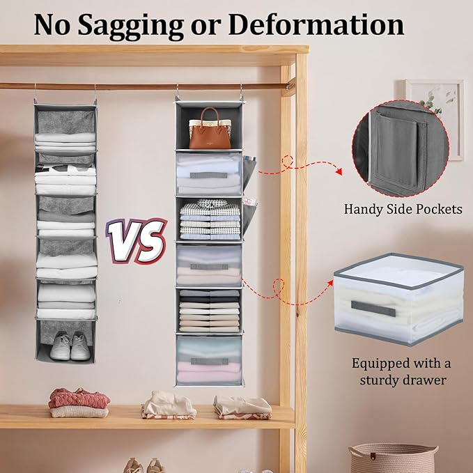 6-Tier Hanging Closet Organizer with 3 Drawers and Side Pockets – Multi-Functional Storage for Shoes, Belts, Purses, and Clothing