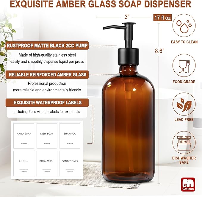 GMISUN Amber Glass Soap Dispenser, 2 Pack Bathroom Hand Soap Dispensers with Stainless Steel Pump, 17 Fl Oz Kitchen Hand and Dish Soap Dispenser Set, Modern Vintage Liquid Brown Soap Dispensers Bottle