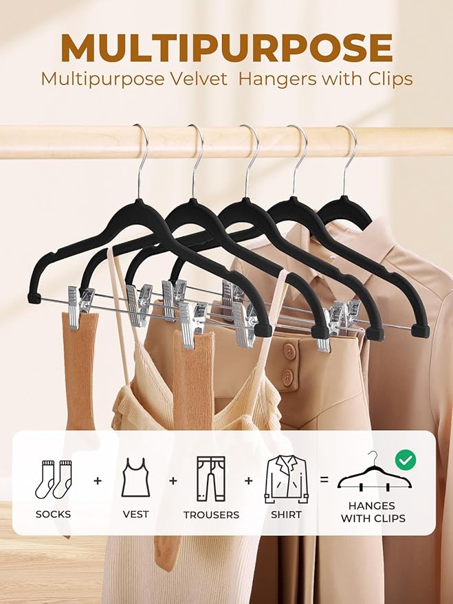 HOUSE DAY Velvet Skirt Hangers 12 Pack, Black Velvet Pant Hangers with Adjustable Clips, Space Saving Slim Shorts Hanger, Heavy Duty Non Slip Clip Hanger for Pants, Skirts, Shorts