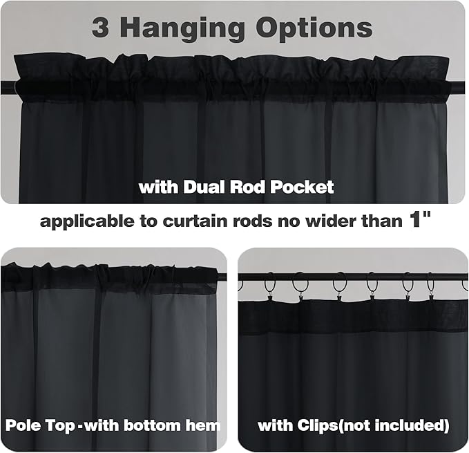 Chyhomenyc Black Sheer Curtains 78 Inches Long 2 Panels Set for Living Room, Light Filtering Voile Lightweight Bedroom Curtains, Rod Pocket Solid Window Treatment Drapes, Each 42W x 78L