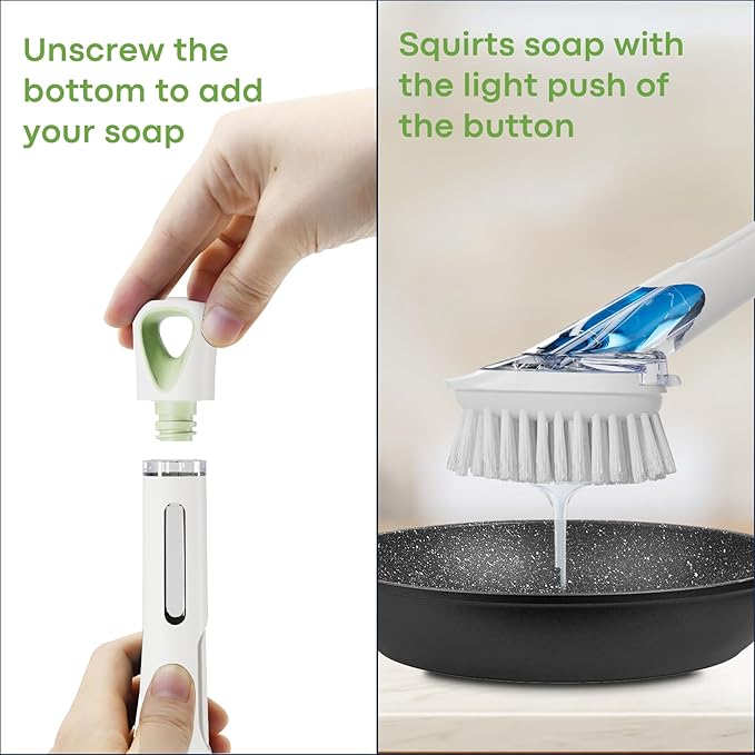 RIMAY Dish Brush with Soap Dispenser Storage Set, Soap Dispensing Dish Brush with 2 Pcs Brush Refills & Holder, Kitchen Dish Washing Wand with Handle for Dishes/Pans/Pots/Sink (White)