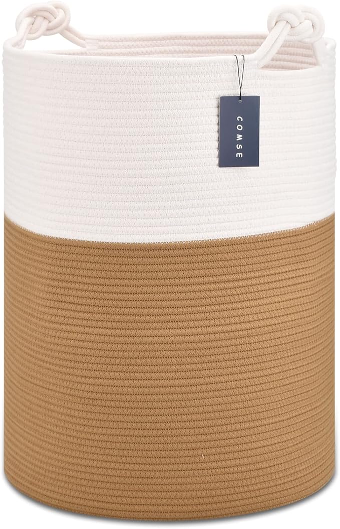 COMSE Extra Large Blanket Basket, Tall Woven Storage Basket, Nursery Hamper, 15.7”x 21.7”, Cotton Rope Laundry Hamper for Toys Clothes Towels, White/Camel