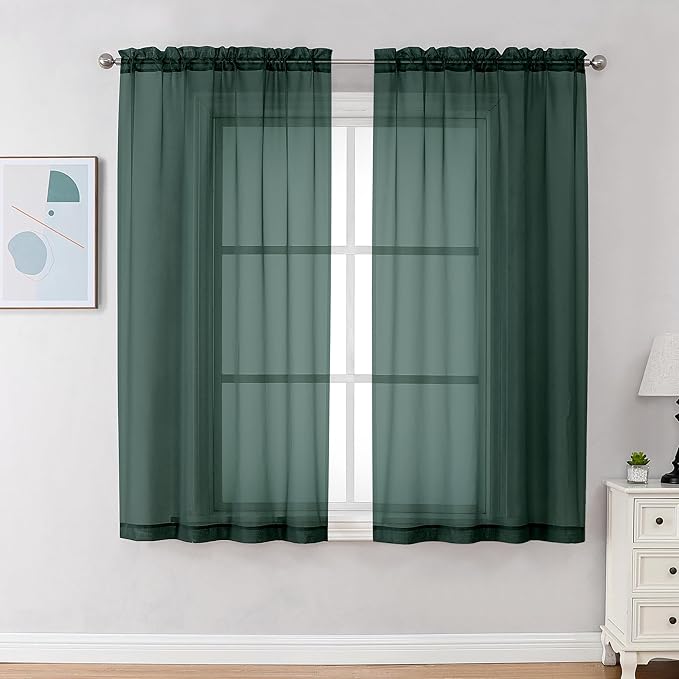 Chyhomenyc Hunter Green Sheer Curtains 54 Inch Long 2 Panels Set, Short Voile Rod Pocket Drapes for Dinning Small Windows Bathroom Living Room Bedroom, Each 42Wx54L in, 2PCS