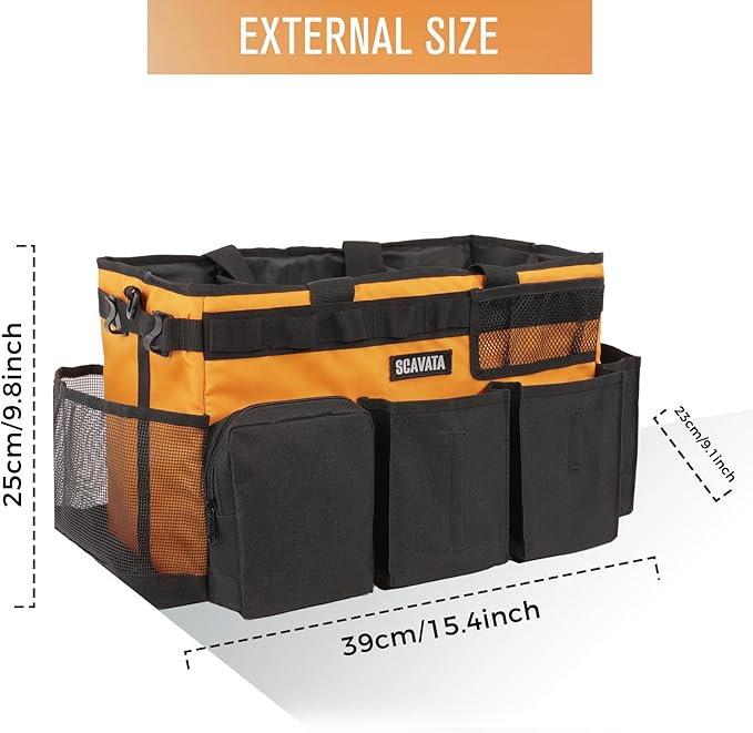 Wearable Cleaning Caddy Bag, Cleaning Caddy Supplies Organizer with Handle & Shoulder Straps for Housekeepers, Under Sink & Car Cleaning Tool Organizers with 4 Foldable Divider (Orange)