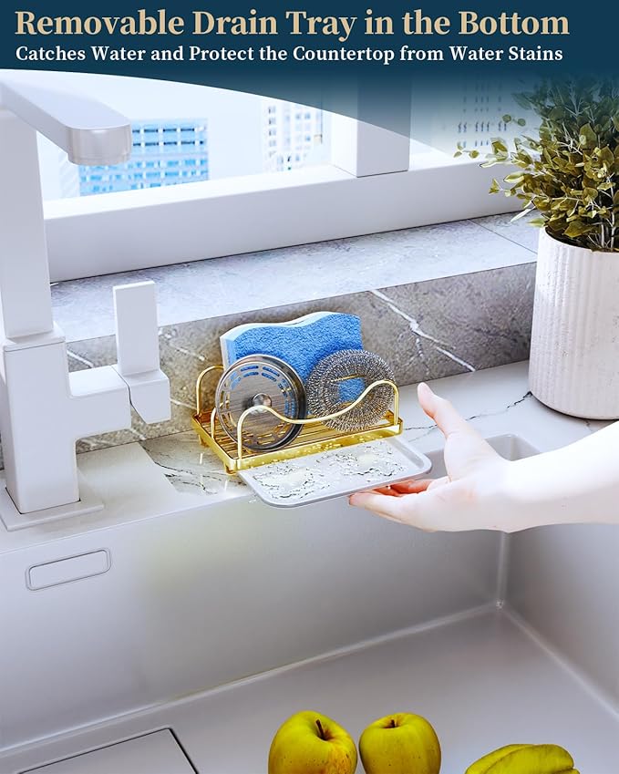 Consumest Sponge Holder for Kitchen Sink - Movable Sink Caddy for Countertop Organizer, 304 Stainless Steel Sponge Holder with Detachable Drip Tray for Kitchen Accessories, Gold