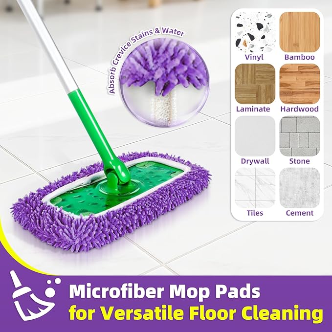Reusable Mop Pads Compatible with Swiffer Sweeper Mop - Microfiber Dry Sweeping Cloths & Washable Wet Pads Refill Chenille Wet Mopping Cloths for Use on All Sealed Floors Cleaning(Mop is not Included)