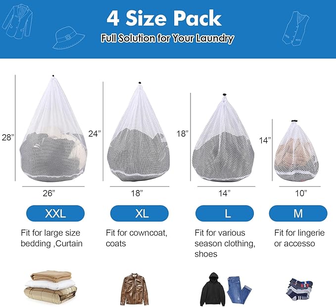 4Pcs Mesh Laundry Bags Washing Machine Mesh Wash Bags for Clothes,Underwear,Lingerie, Bed Linen with Drawstring Closure Sturdy(4 Size)