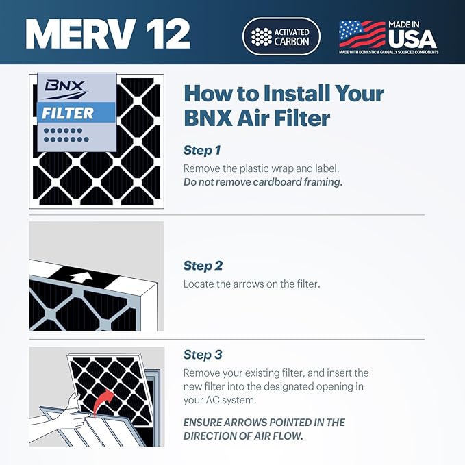 BNX TruFilter 16x24x1 MERV 12 Odor Defense (6-Pack) AC Furnace Air Filter with Activated Carbon - MADE IN USA - Pleated Air Conditioner HVAC AC Furnace Filters - Removes Odor, Mold, Bacteria, Smoke