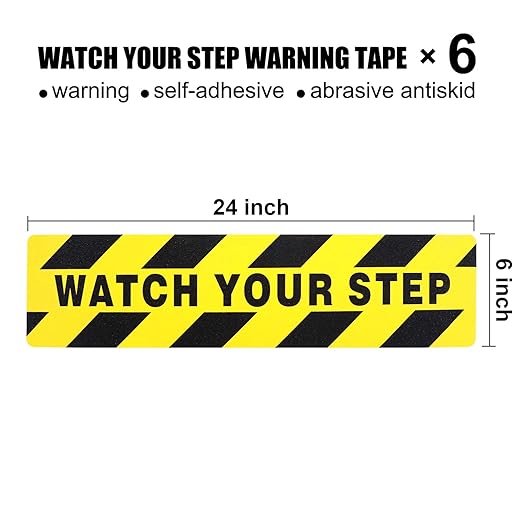 Boao 6 Pieces Watch Your Step Stickers Sign 6 x 24 Inch Caution Watch Your Step Floor Decals Warning Sticker Adhesive Tape Anti Slip Abrasive Tape for Workplace Safety Wet Floor Caution