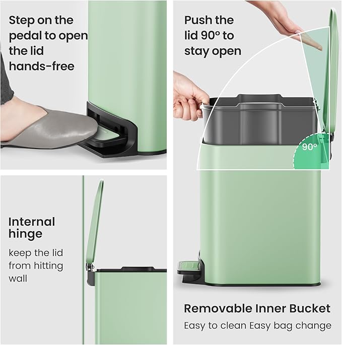 Cesun Small Bathroom Trash Can with Lid Soft Close, Step Pedal, 6 Liter / 1.6 Gallon Stainless Steel Garbage Can with Removable Inner Bucket, Anti-Fingerprint Finish (Matt Green)
