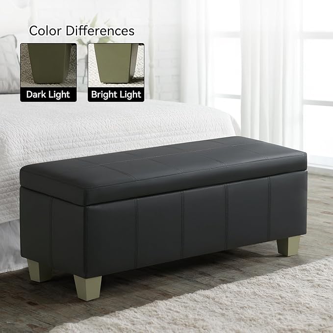 41" Faux Leather Storage Ottoman, Stitch Tufted Rectangle Upholstered End of Bed Storage Bench, Entryway Large Couch Ottoman with Wooden Legs, Dark Black
