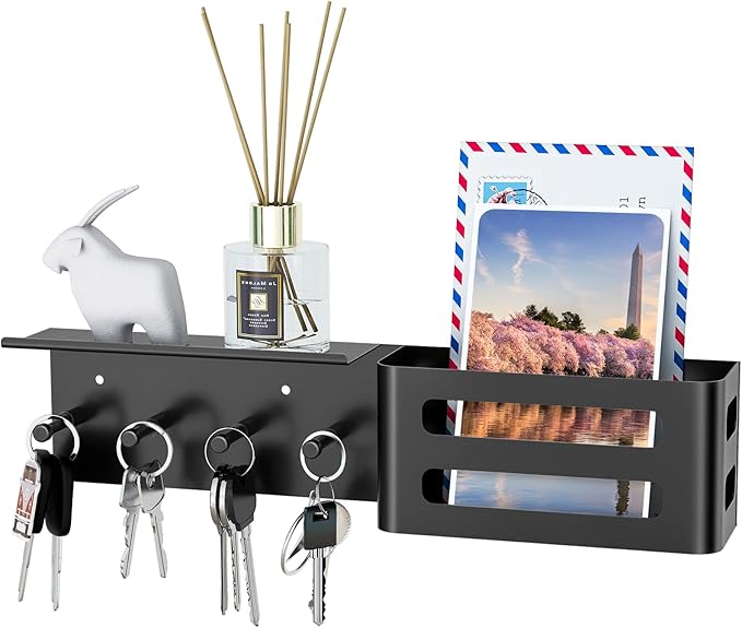 MKO Key Holder for Wall, Mail Organizer Key Rack with Tray, Key Holder Adhesive Wall Mount, 4 Hooks(Black)
