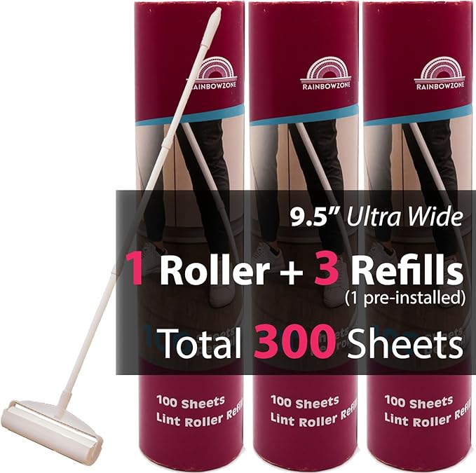RainbowZone Large Lint Rollers plus 3 Rolls 9.5'' Extra Wide Total 300 sheets Giant Lint Roller Refills with 3 Extendable Long Handle for Pet Hair Removal and Household Cleaning (1 Roller + 3 Refills)