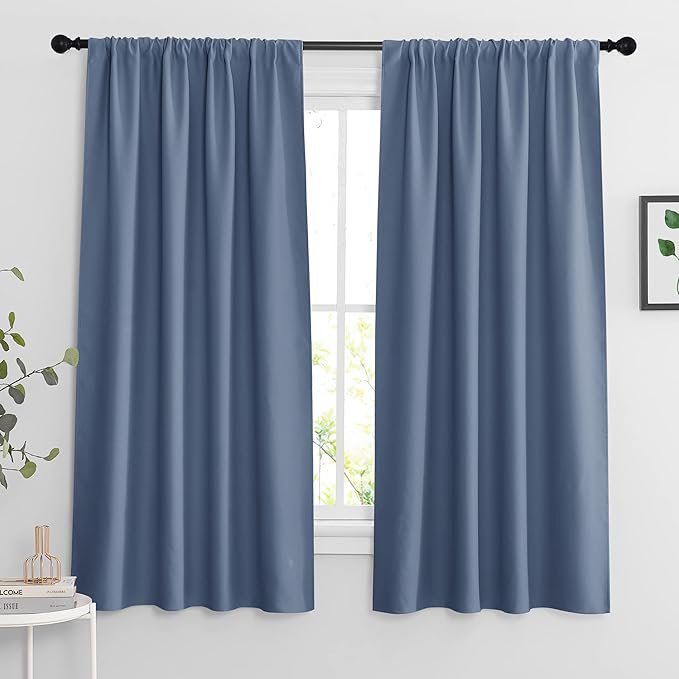 RYB HOME Blue Blackout Curtains 63 inch Length 2 Panels Set - Thermal Insulated Noise Reducing Energy Efficiency Small Window Decor for Kitchen Bedroom Bathroom, W42 x L63 inch, Stone Blue