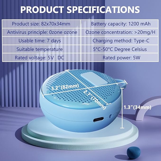 Refrigerator Deodorizer, Fridge Odor Absorber, Mini USB Rechargeable Ozone Odor Eliminator, Reusable for Fridge, Car, Closet, Wardrobe (Blue)