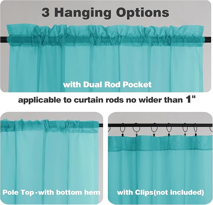 Chyhomenyc Turquoise Sheer Curtains 45 Inch Long 2 Panels, Light Filtering Rod Pocket Voile Short Curtains Drapes for Living Room Bedroom Small Windows, 42Wx45L Inches