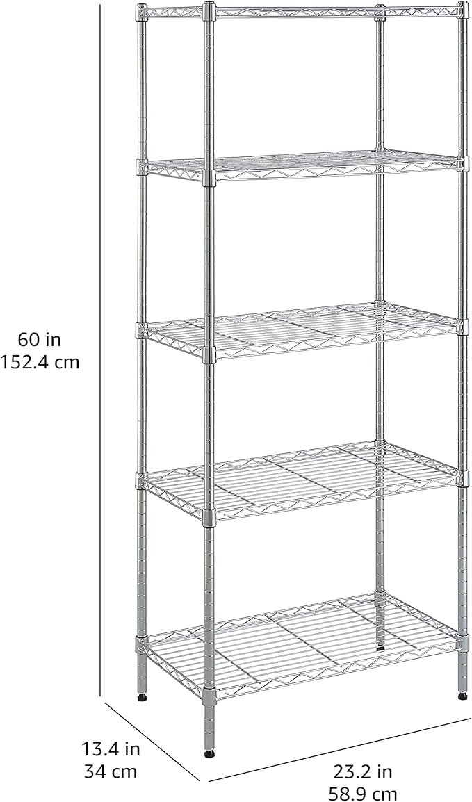 Amazon Basics 5-Shelf Adjustable, Storage Shelving Unit, (200 Pound Loading Capacity per Shelf), Steel Organizer Wire Rack, 23.2 x 13.4 x 60 inches (LxWxH), Chrome