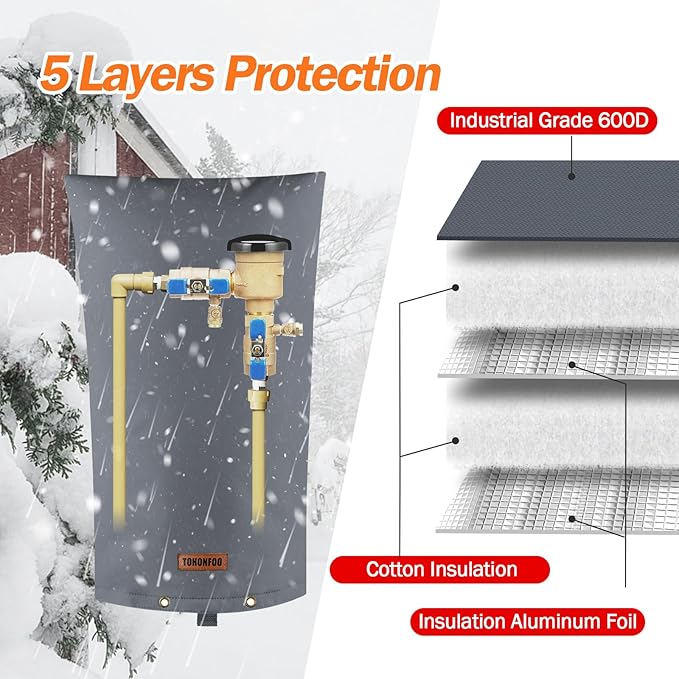 TOHONFOO Backflow Preventer Pipe Insulation Cover (5°F) - Irrigation Sprinkler Valve Insulated Pouch - Water Well Pump Cover - Sturdy 5 Layers for Winter Freeze Protection, 14" W x 26" H, Grey