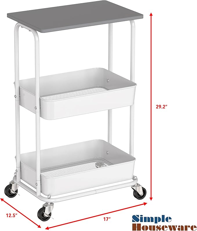 Simple Houseware 2-Tier Rolling Utility Cart with Lockable Wheels and Wood Top, Metal Storage Organizer Trolley for Kitchen, Bathroom, Office, Craft Room, Grey