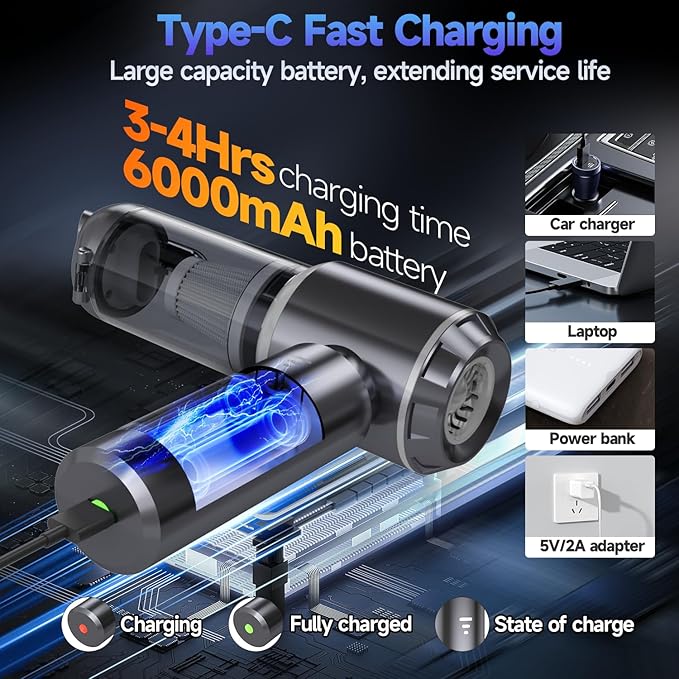 Car Vacuum Portable Cordless, Small Handheld Vacuum Cleaner with 24000PA High Power Suction, Mini Vacuum Cordless Rechargeable with One-Touch Empty, 10-in-1 Hand Vac for Car Home Office Dust