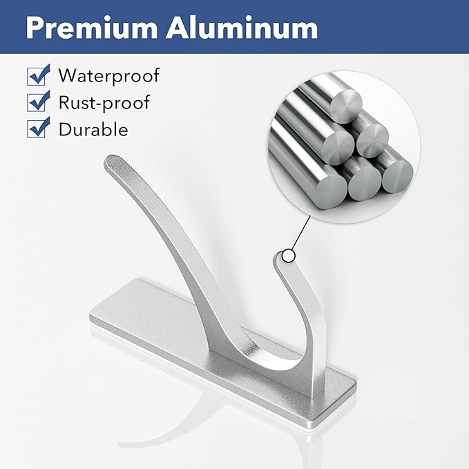 Self-Adhesive Coat Hooks for Hanging - Heavy Duty Stainless Double Wall Hook for Towel, Backpack, Hat, Sturdy Metal Hanger for Bathroom, Bedroom, Door, Wall Mounted, 10-Pack, Silver