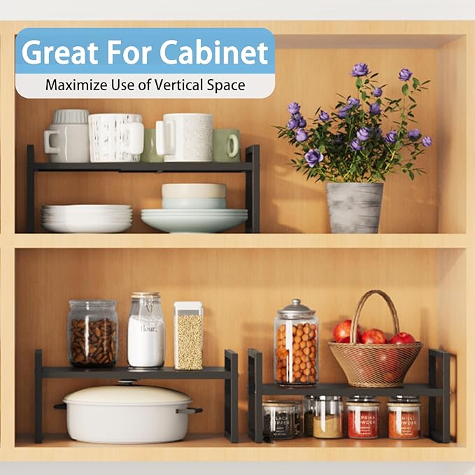 2 Pack Expandable Kitchen Cabinet Shelves Organizer,Heavy Duty Metal Shelving Units and Storage,Stackable Adjustable Kitchen Storage Organization Shelves Rack for Counter Cupboard Pantry,Length:20.5"