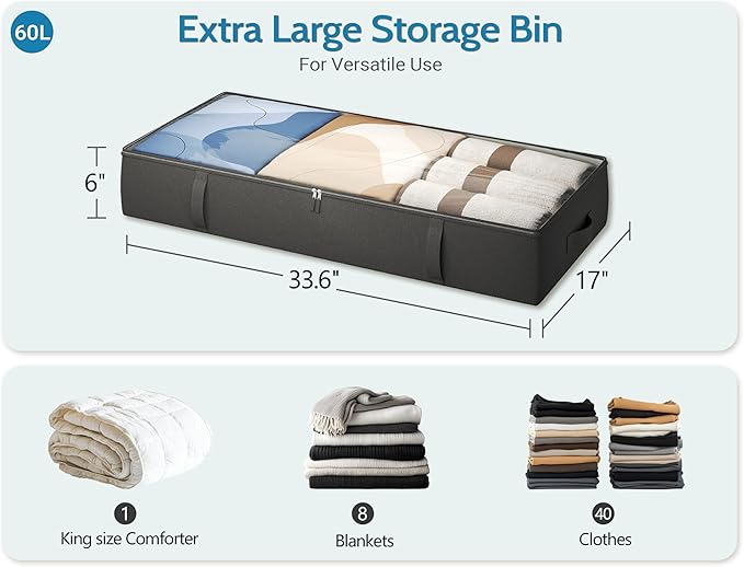 2-Pack Under Bed Storage, 6 Inches Tall Closet Organizers and Storage Bins with Sturdy Sidewalls/Bottom/4 Handles, Black