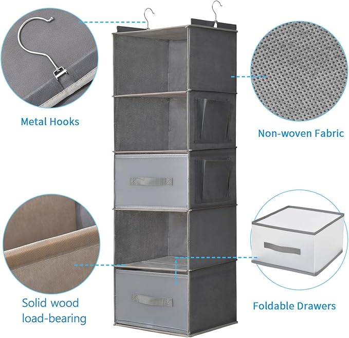 5-Tier Hanging Organizer for Closet, Fabric Closet Organizer with 2 Hooks, 2 Pull-Out Drawers, Foldable Space-Saving Storage (Gray)