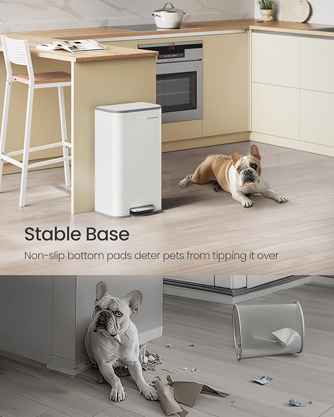 SONGMICS Kitchen Trash Can, 8-Gallon (30 L) Garbage Can with Lid, Stainless Steel, Soft Close and Stays Open, Inner Bucket, Wide Non-Slip Pedal, Cloud White ULTB546W01