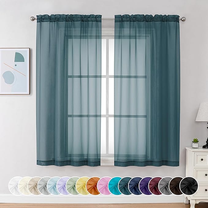 Chyhomenyc Sheer Curtains 63 Inch Length 2 Panels, Light Filtering Rod Pocket Window Sheer Curtain Drapes for Bedroom Living Room, 42Wx63L, 2 Panels, Stone Blue