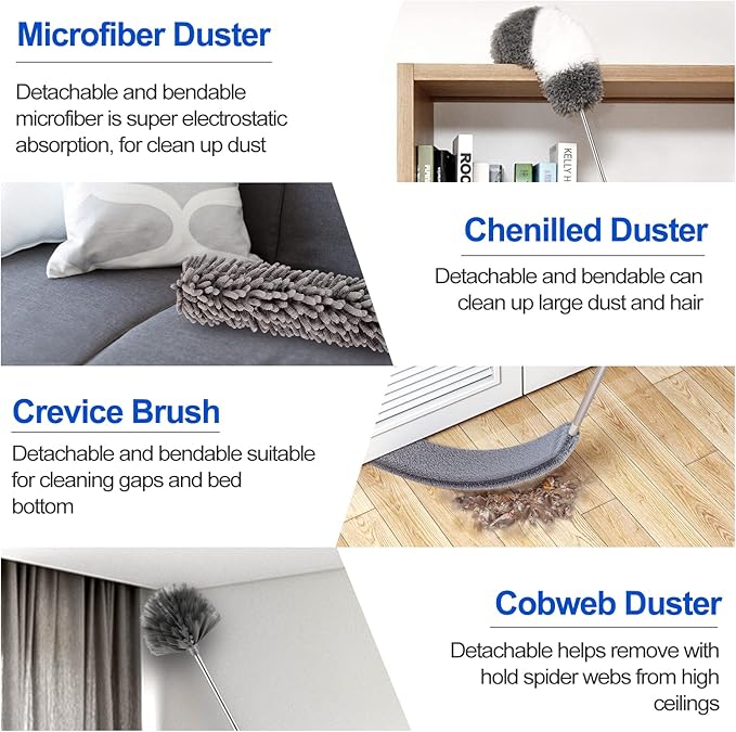 Microfiber Duster Kit (11PCS) - Washable Dusters with Extension Pole (30 to 100 in) for Cleaning Ceilings, Fans, Furniture