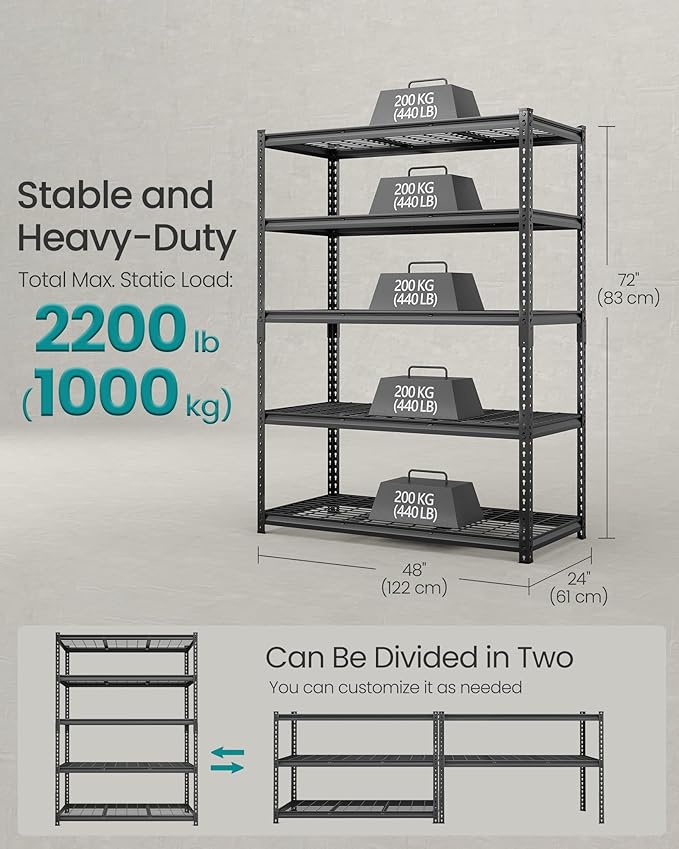 SONGMICS 5-Tier Storage Shelves, Heavy-Duty Garage Shelving, Adjustable Shelving Unit, Steel Shelf, Boltless Assembly, for Garage, 2,200 lb Load, 24 x 144 x 72 Inches, Ink Black UGLR454B03
