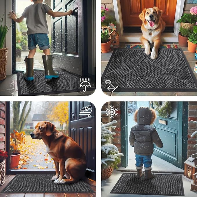 Smiry Front Door Mat Outside Entrance, Heavy Duty Outdoor Indoor Natural Rubber Doormat, Non Slip, Trap Dirt and Moisture, Easy Clean, Low Profile Patio Porch Entryway Mat, 29.5x17, Light Grey